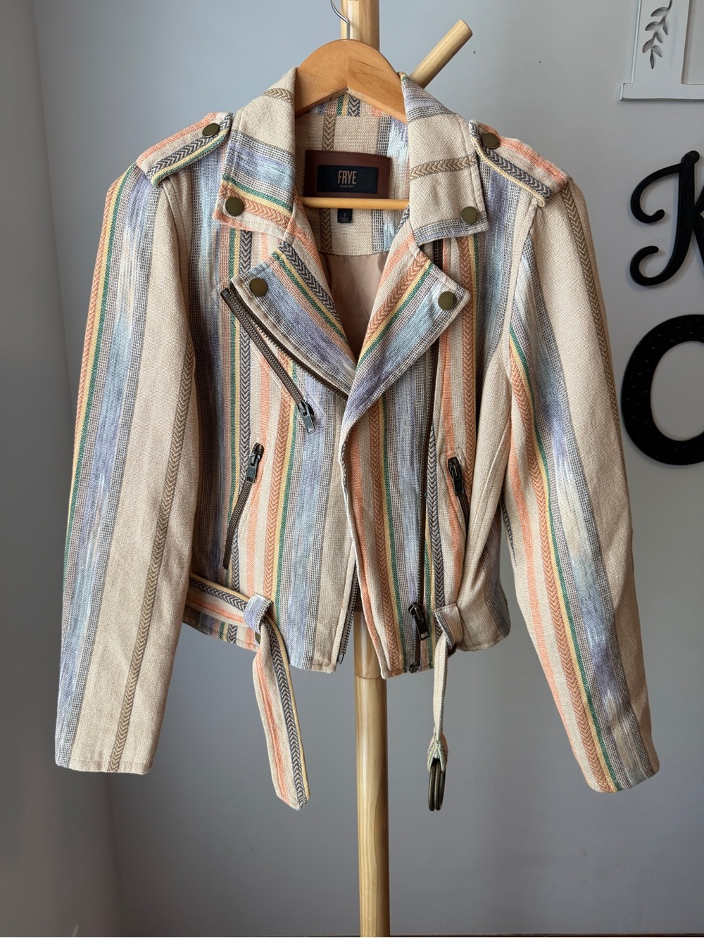 Frye Burlap Ikat Carly Striped Moto Jacket Women’s Size Small Neutral Coat